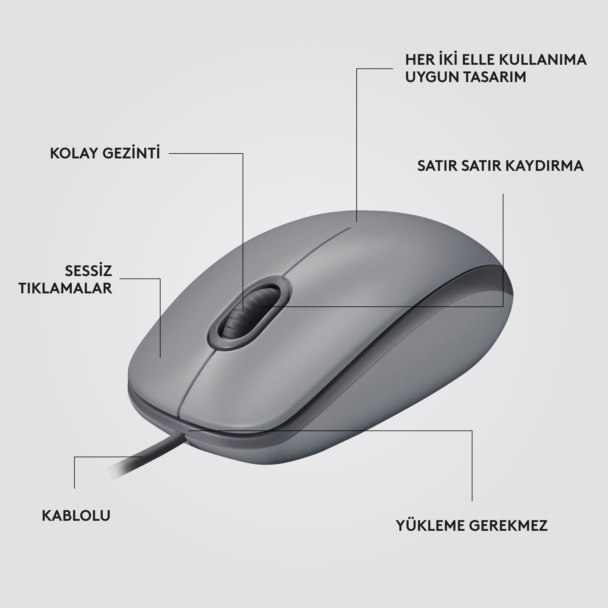 Siyah kablolu gri bir fare. Metin etiketleri, sessiz tıklamalar ve kolay kaydırma gibi özellikleri işaret ediyor.