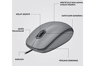 LOGITECH M110 Sessiz Tam Boyutlu Kablolu USB-A Bağlantılı Optik Mouse - Gri_6