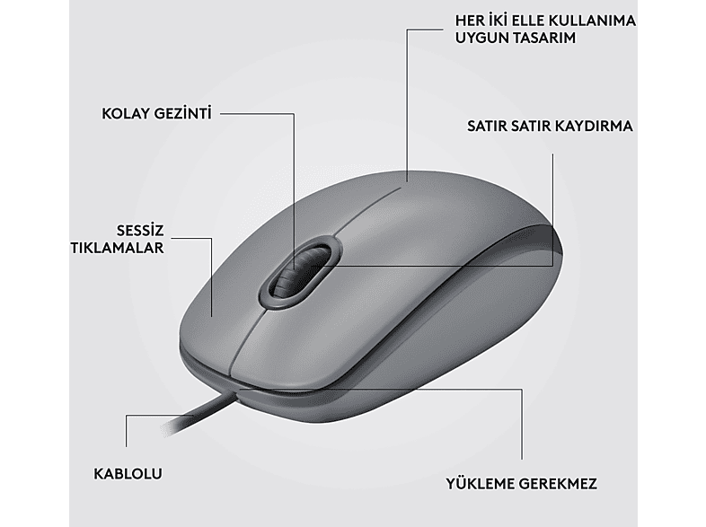 LOGITECH M110 Sessiz Tam Boyutlu Kablolu USB-A Bağlantılı Optik Mouse - Gri_6