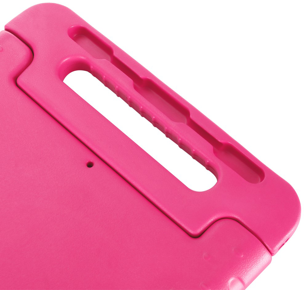 Pink plastic tablet case with a handle and a stylus slot. Close up view of the corner.
