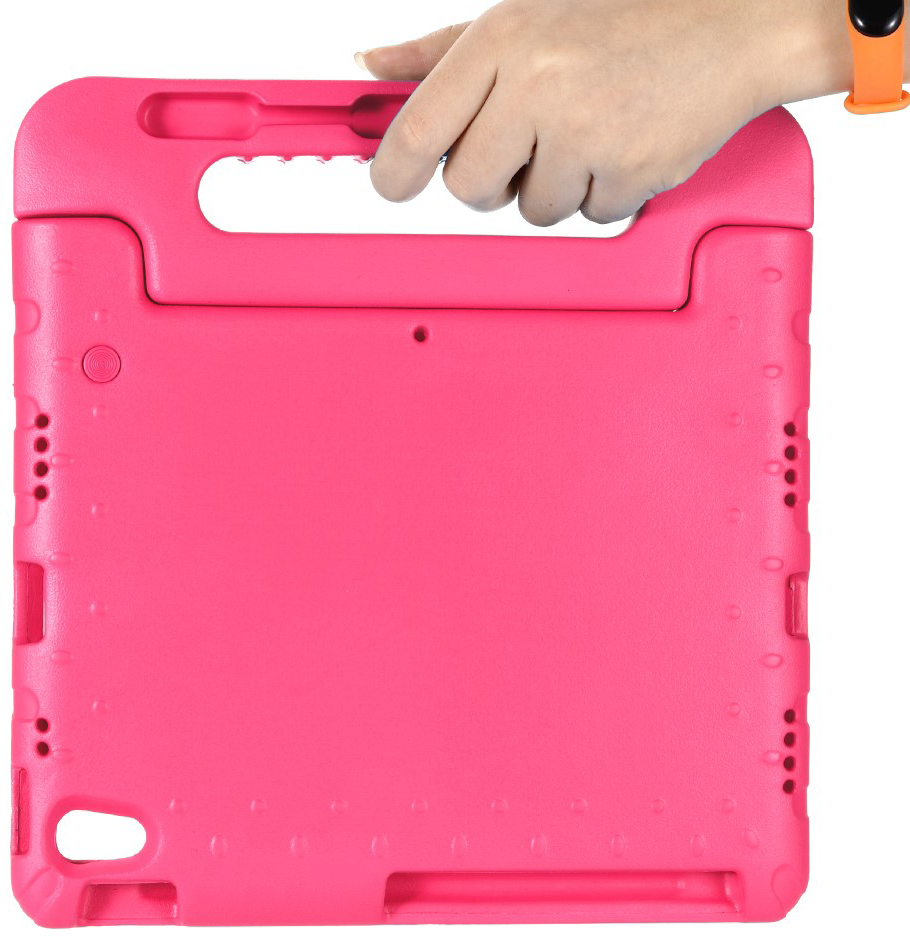 A hand holding a pink tablet case with a handle. An orange wristband is on the hand.