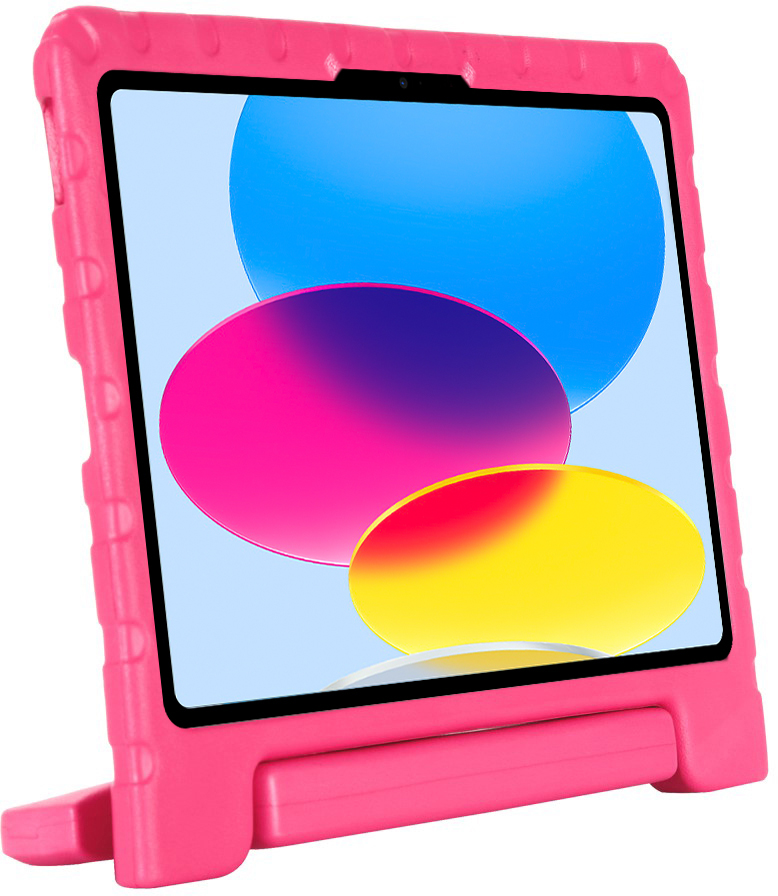 Pink tablet in a pink protective case. The screen shows colorful circles. Case has a stand.