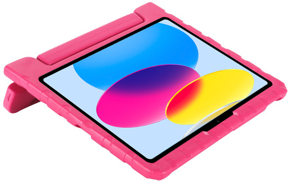 A pink tablet case with a tablet inside. The screen shows colorful shapes.