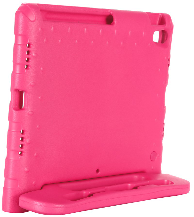 Pink tablet case with handle, on white background.