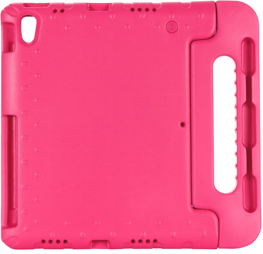 Pink tablet case with handle and rounded edges, designed for children.