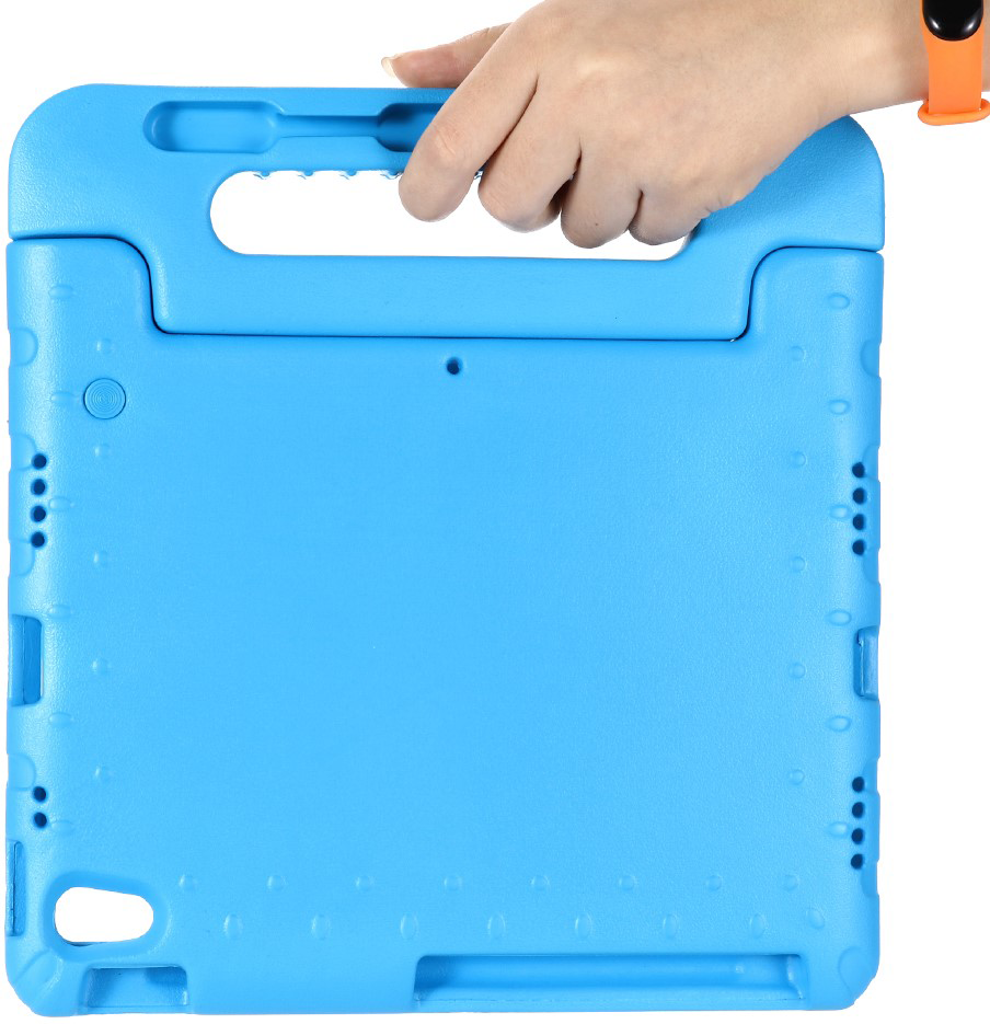 A person's hand holding a blue tablet case. An orange smart watch is on the wrist.
