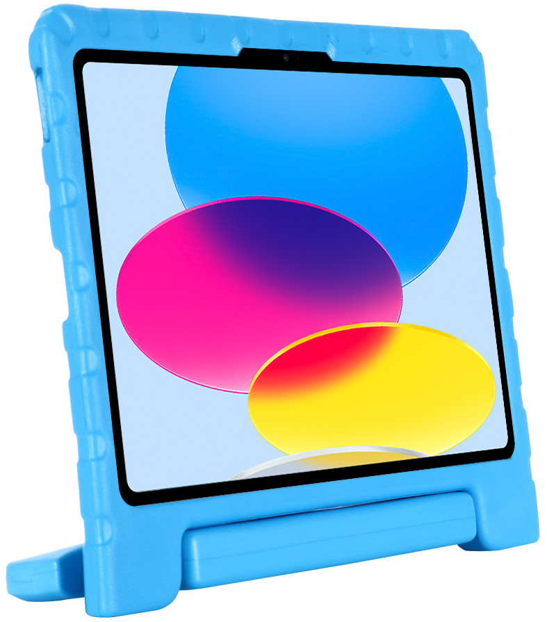 Blue tablet in a blue case with an abstract background.
