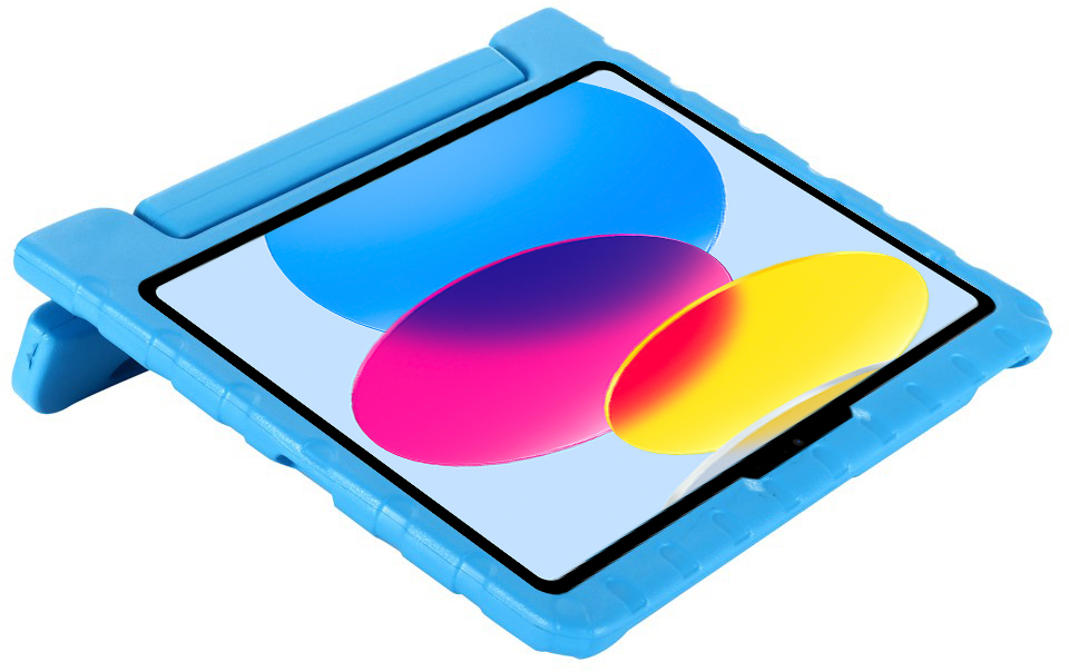 A blue tablet in a blue case. The tablet has a colorful background and a protective case.