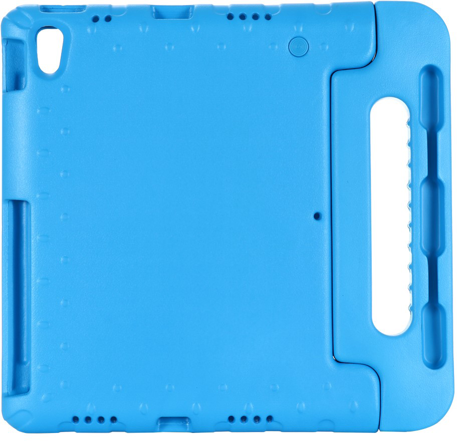 A bright blue protective case for a tablet, showing the back with a handle and holes.