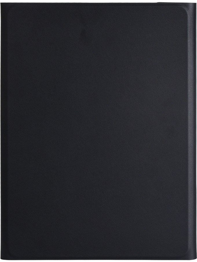 A black leather-like tablet case. It is rectangular with rounded corners. The surface has a textured, matte finish.