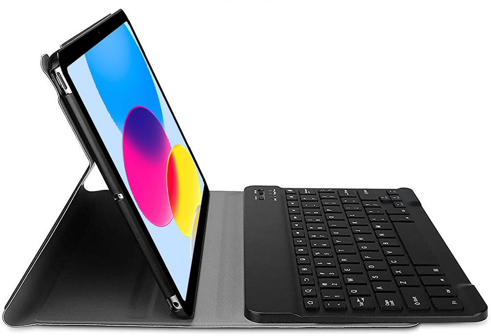 An iPad in a case with a keyboard. The screen shows a colorful abstract background. The keyboard is black, the case is gray and black.