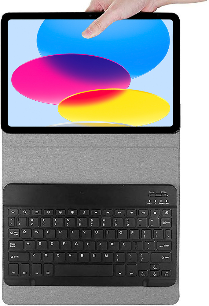 Tablet with a colorful screen and a black keyboard case, held by a hand. The screen displays blue, pink, and yellow.