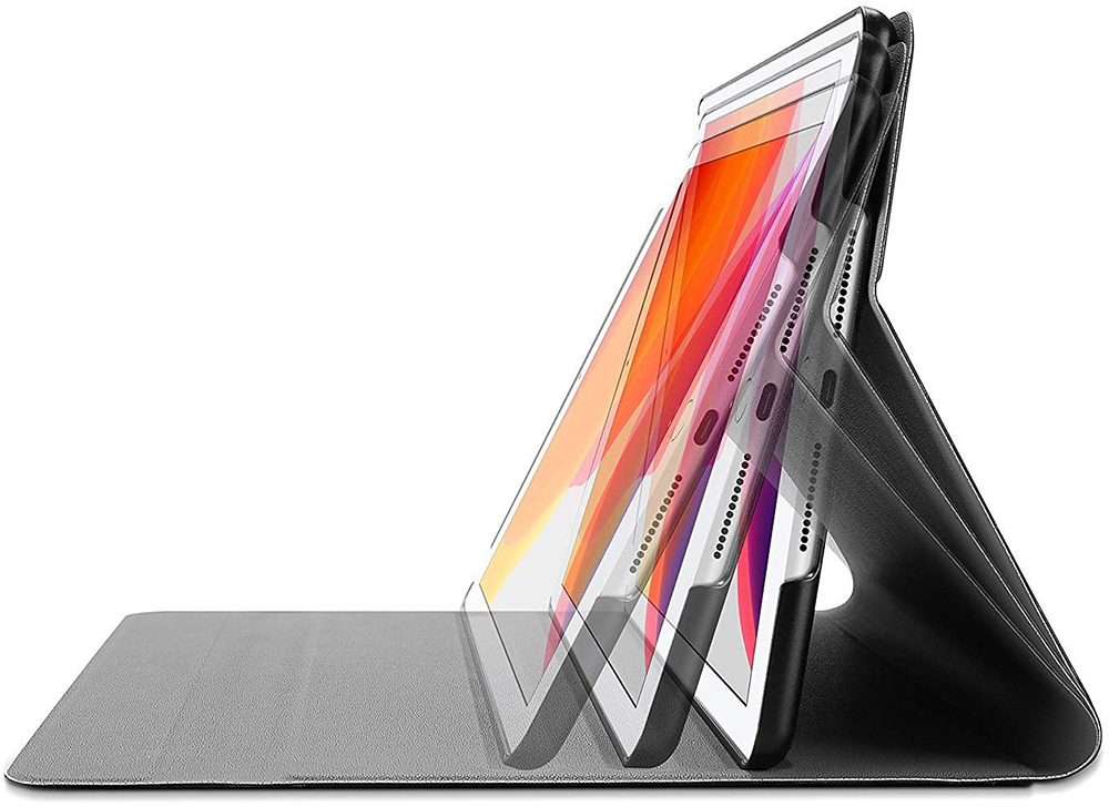 An iPad in a black case, propped up. The screen shows a colorful display. The case is open, resting on a gray surface.