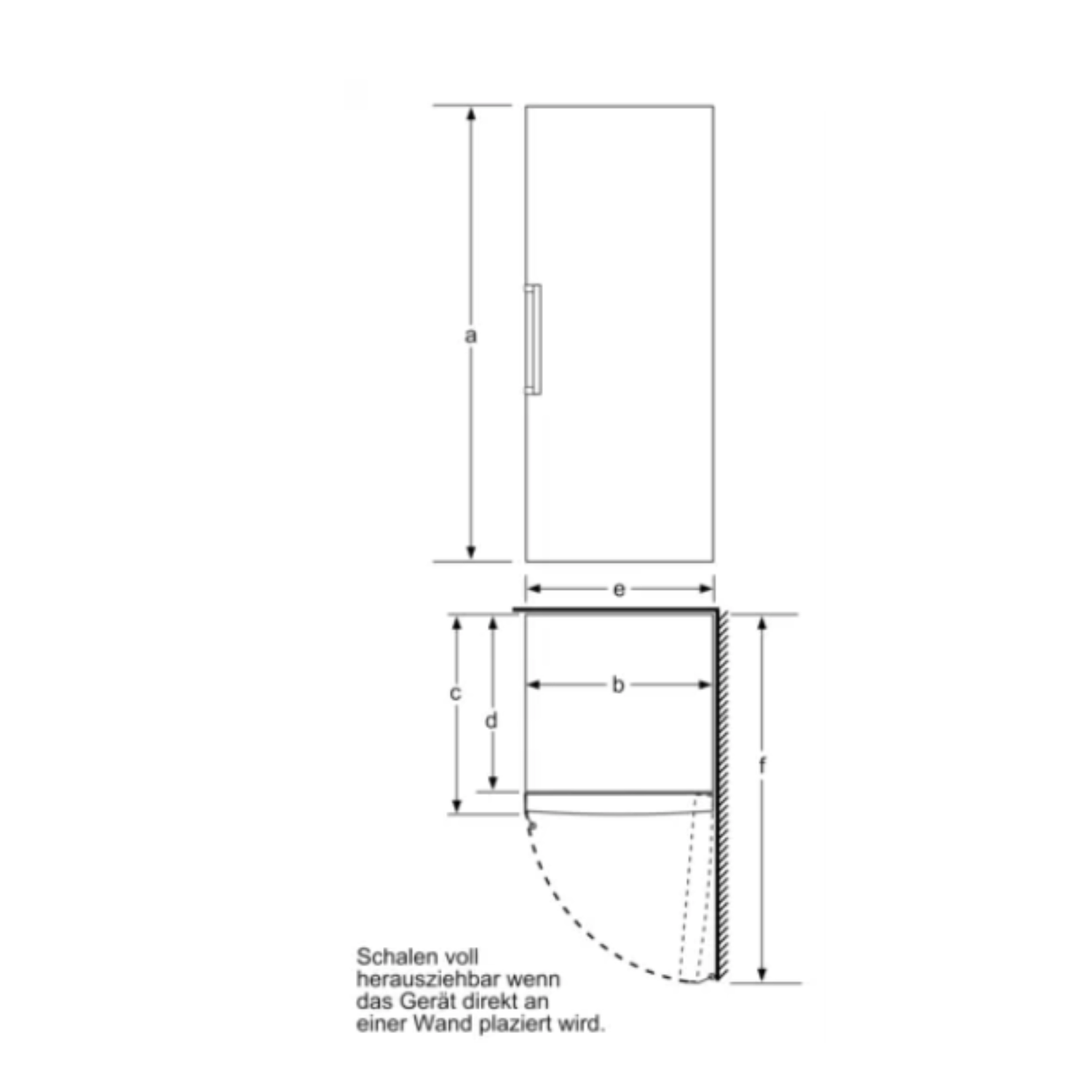 Diagramme d'un réfrigérateur avec mesures. Fond blanc.