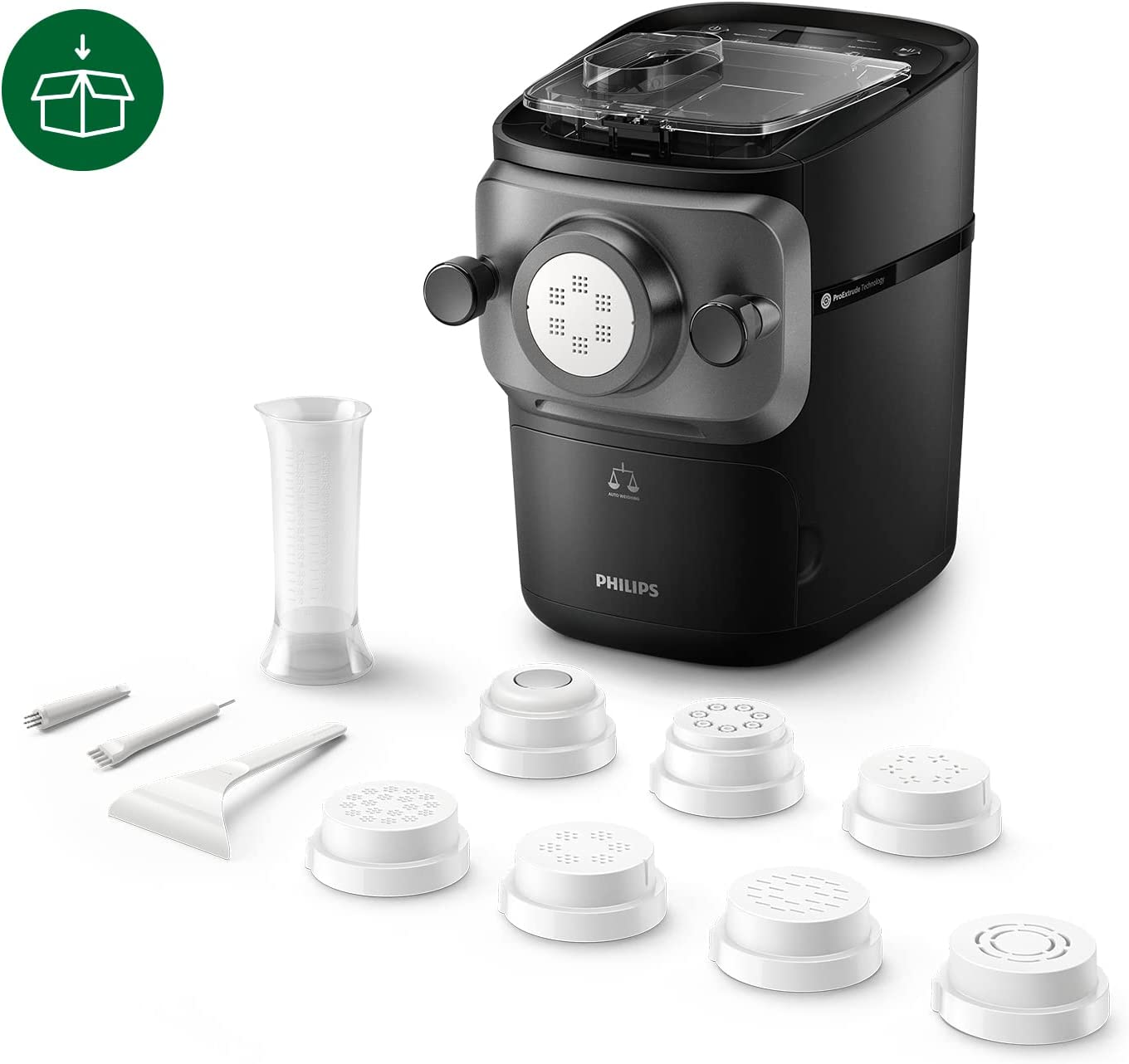 Une machine à pâtes noire avec accessoires et accessoires. Couleurs blanc et noir.