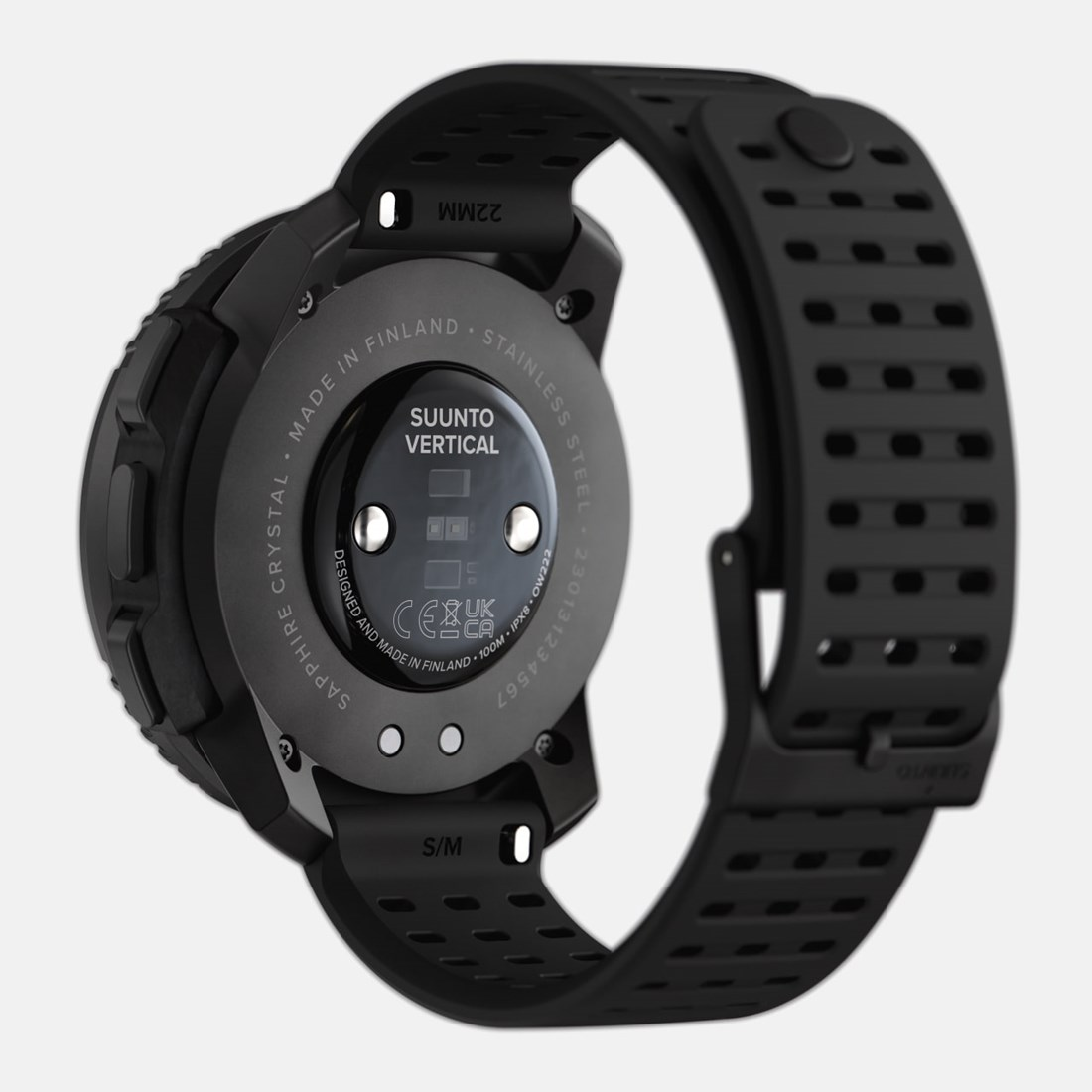 Reloj Suunto Vertical negro, vista trasera, con detalles. Fondo blanco.