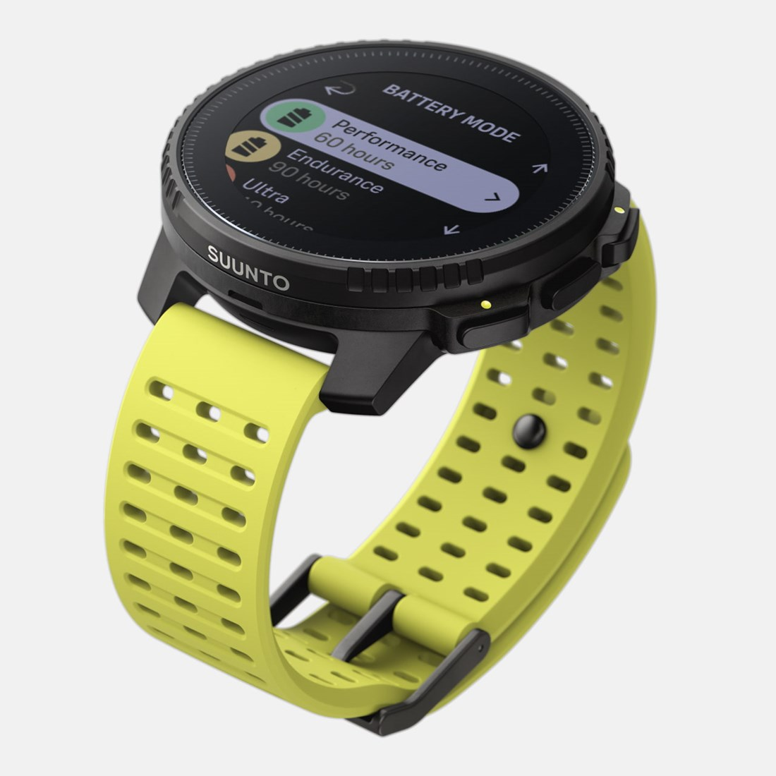 Smartwatch Suunto negra con correa amarilla, mostrando información.
