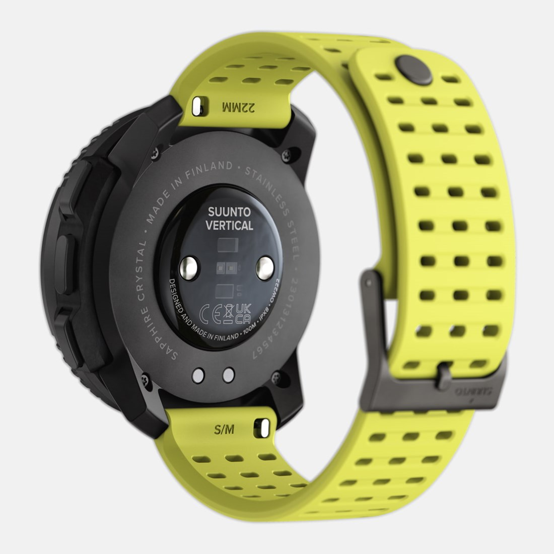 Un reloj inteligente negro con una correa amarilla, mostrando la parte trasera del reloj.