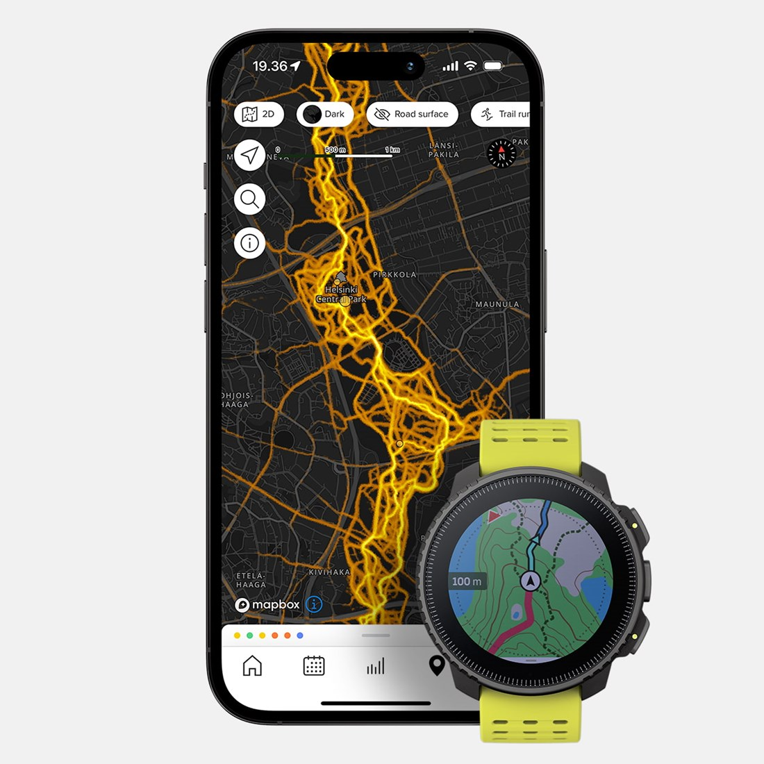 Smartphone con mapa y reloj inteligente con mapa, mostrando un sendero.