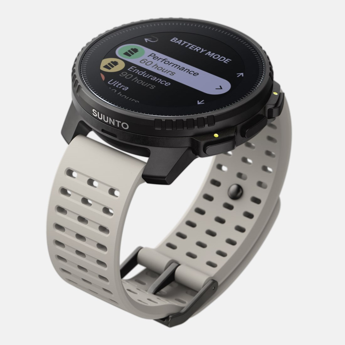 Un smartwatch Suunto con correa gris muestra opciones de modo de batería.