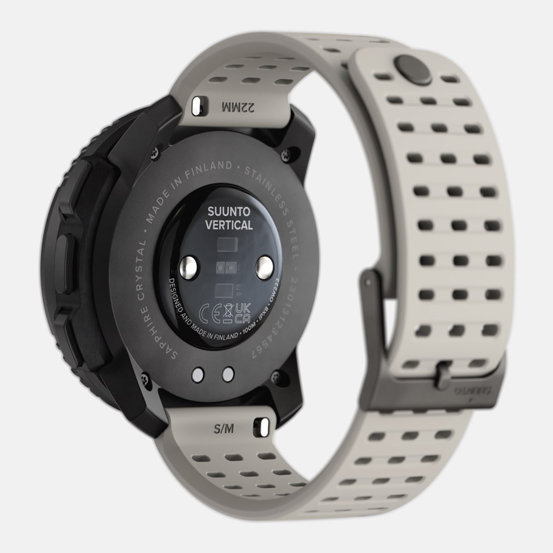 Reloj inteligente negro y gris, vista trasera con correa.