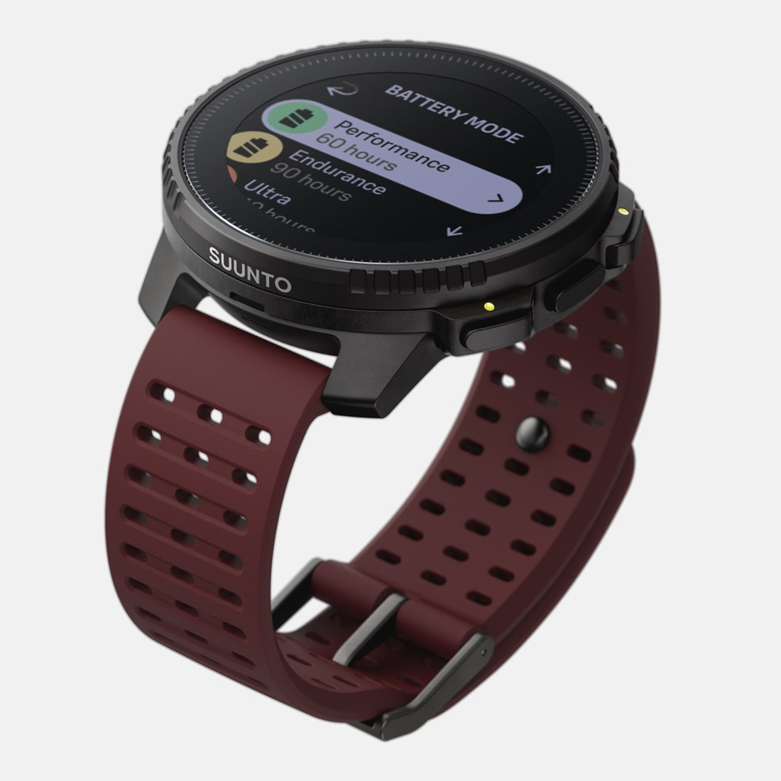 Reloj Suunto negro con una correa granate. El reloj muestra detalles de la duración de la batería.