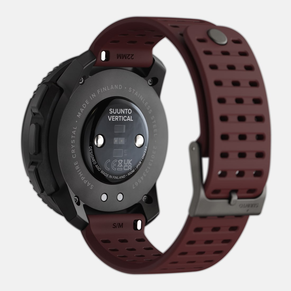 Primer plano de un reloj Suunto Vertical negro con correa burdeos.
