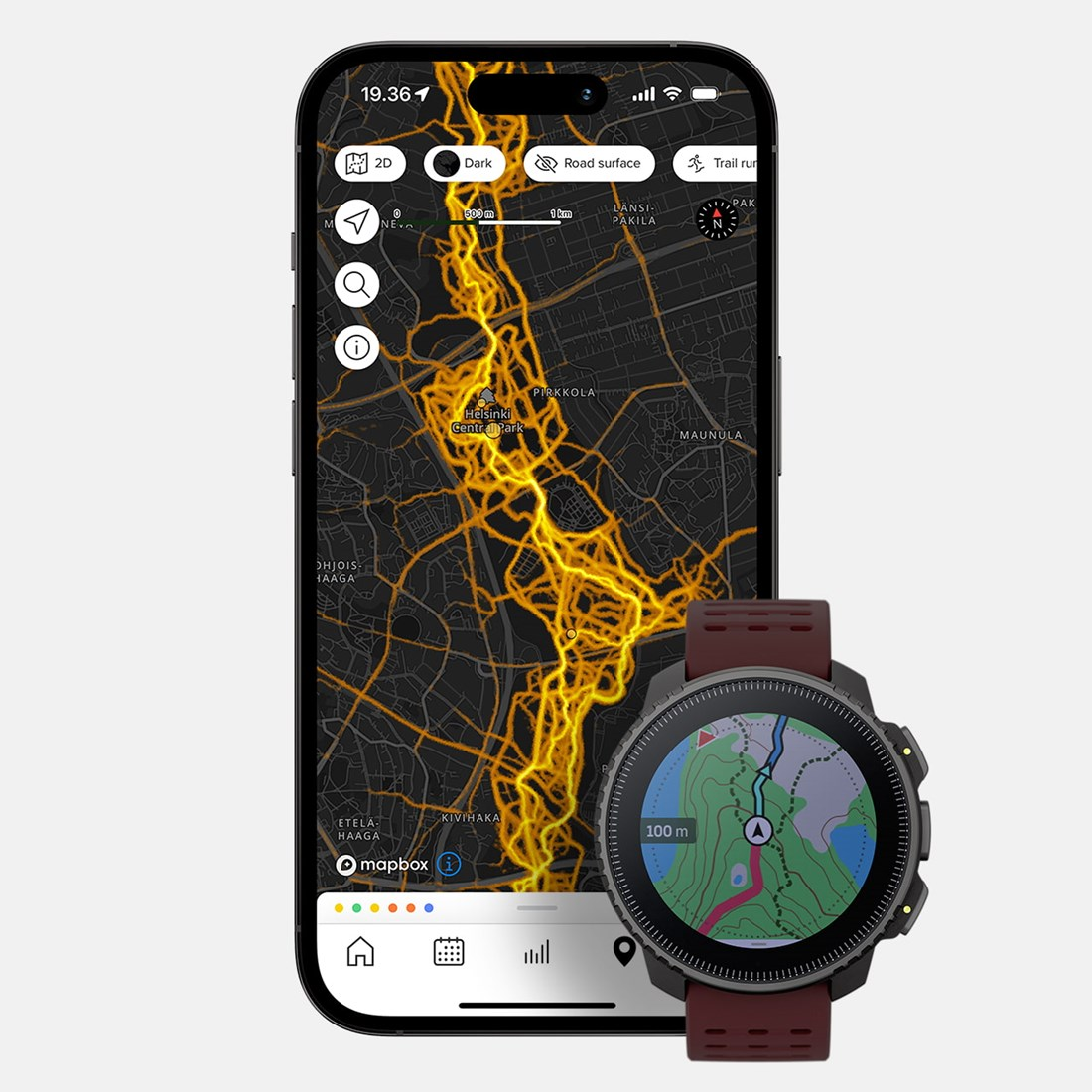Un reloj inteligente y un teléfono con una pantalla de mapa que muestra una ruta.