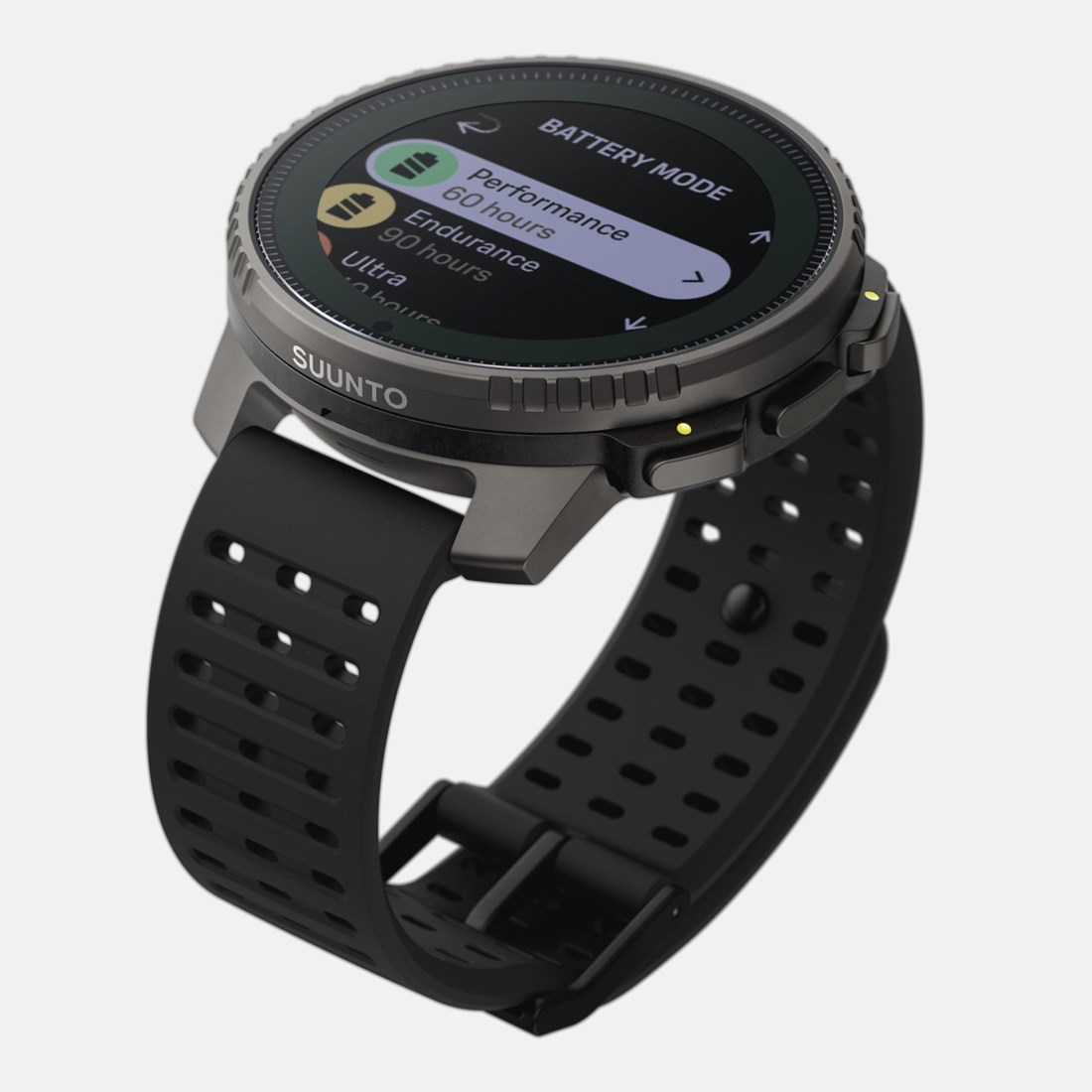 Reloj Suunto negro con correa negra, que muestra el modo batería. La pantalla muestra modos de rendimiento, resistencia y ultra.