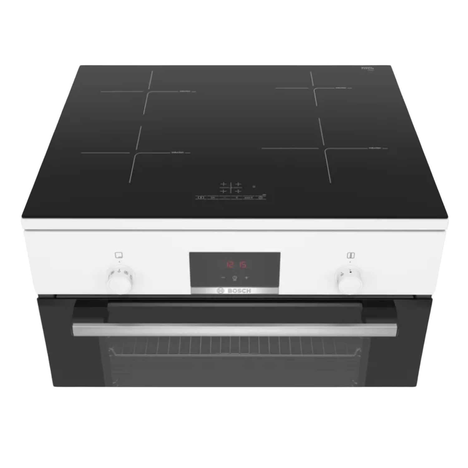 Black and white oven with a black glass cooktop. The oven has a digital display and knobs.