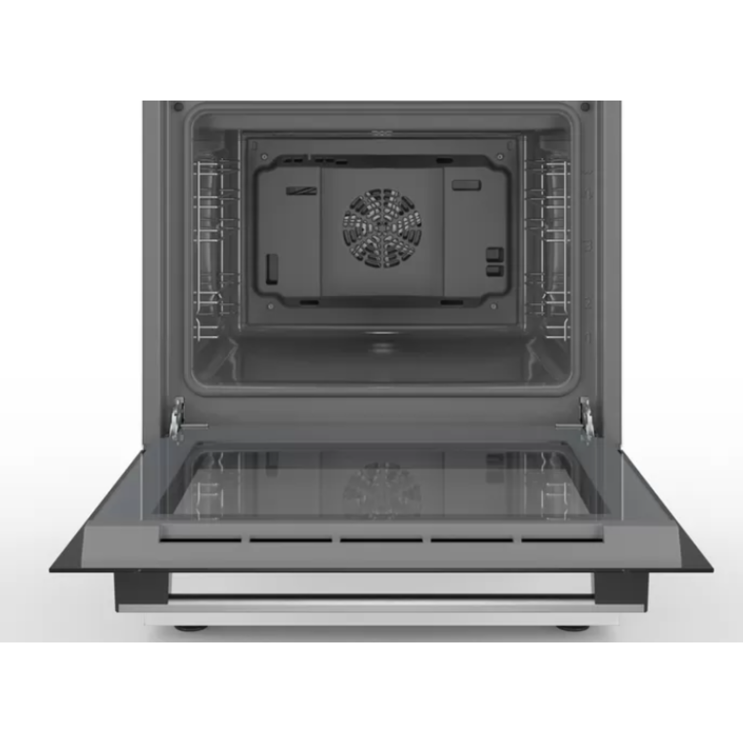 An open oven interior. The oven is dark gray with metal racks and a fan. The door is clear glass.