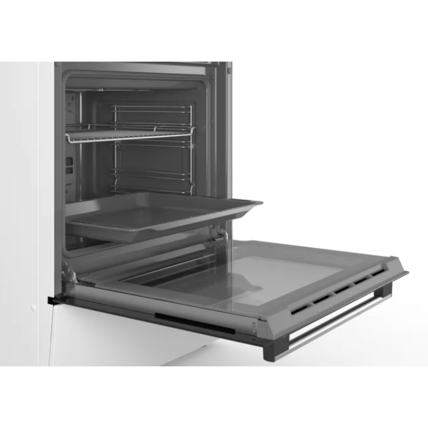 Oven interior. Open door, trays inside. White oven exterior visible.