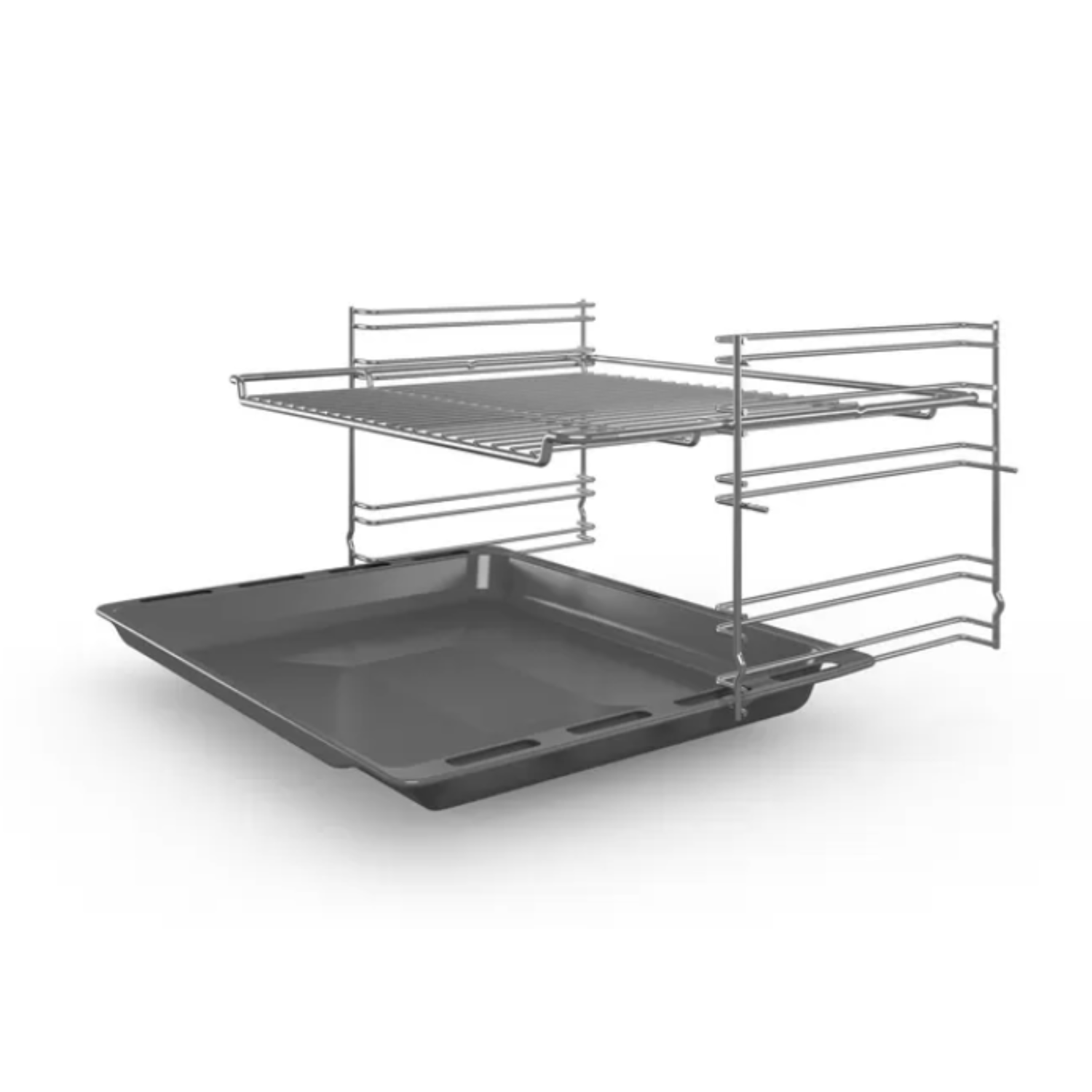 An oven rack and tray set, shown on a white background. The rack is above the tray.