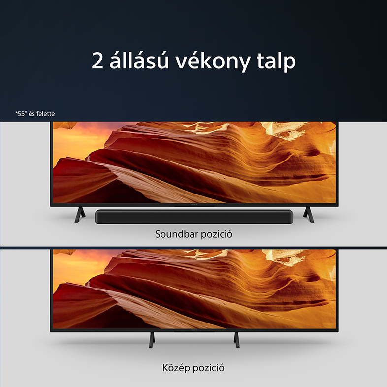 TV két különböző állvány opcióval. Tájkép egy soundbarral az alján.