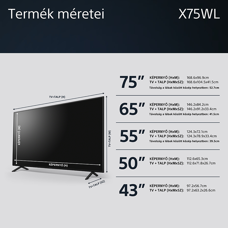 TV képernyő méret méretekkel. Fekete képernyő, fekete keret és fekete lábak.
