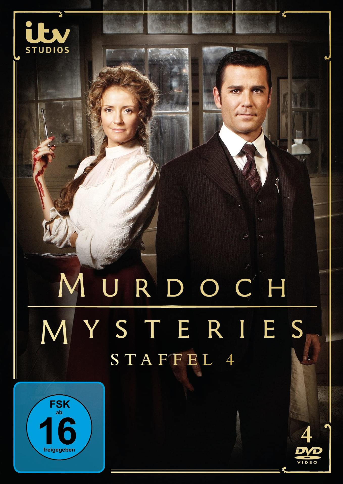 DVD-Hülle von "Murdoch Mysteries" mit zwei Schauspielern. Titel und Serieninfo werden angezeigt.