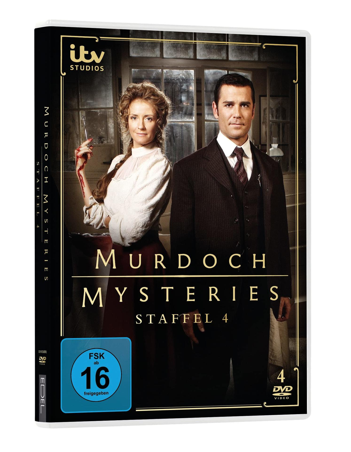 DVD-Hülle von 'Murdoch Mysteries'. Zeigt einen Mann und eine Frau in historischer Kleidung.