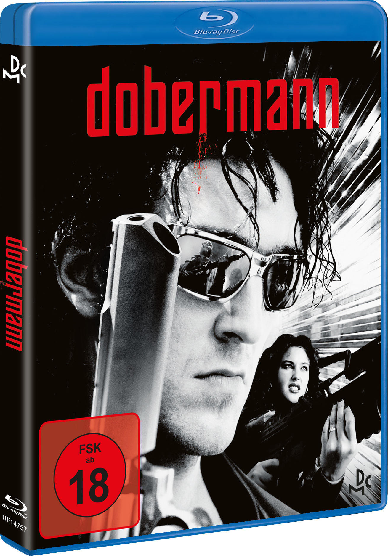 Blu-ray-Disc-Hülle: ein Mann mit Sonnenbrille, hält eine Pistole und eine Frau.