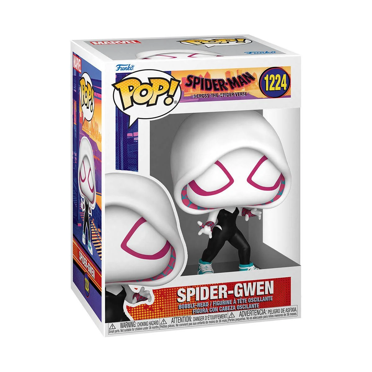 Figura de Spider-Gwen Funko Pop en una caja. Traje blanco y negro, detalles rosas.