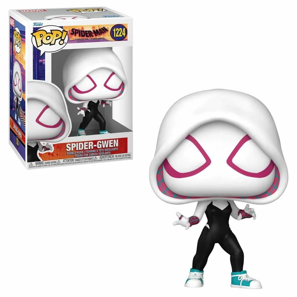 Figura Funko Pop Spider-Gwen. Traje blanco con capucha, detalles rosa y negro, en caja.
