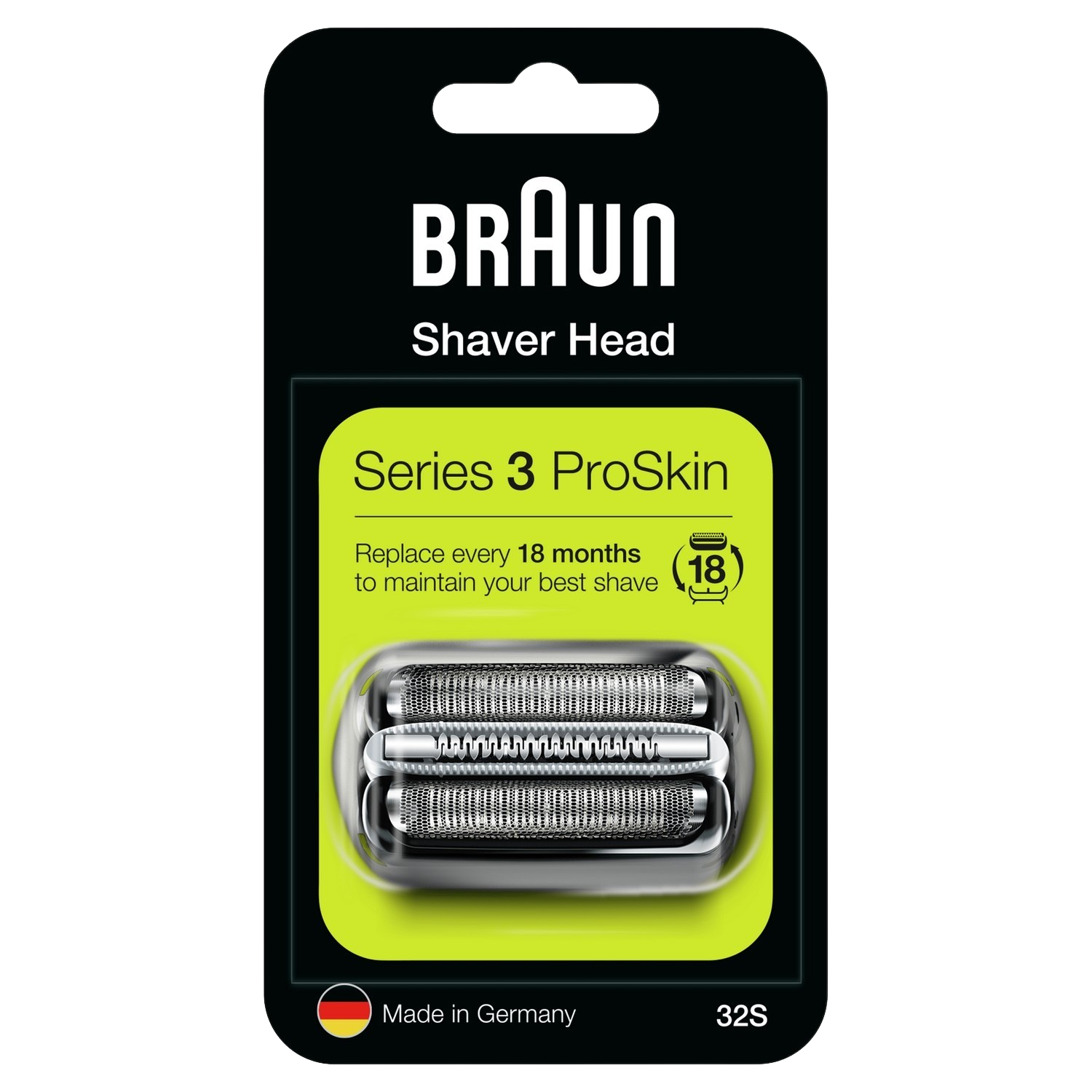 Braun scheerkop vervangingsverpakking. Bevat drie zilveren mesjes, met een groene en zwarte doos.