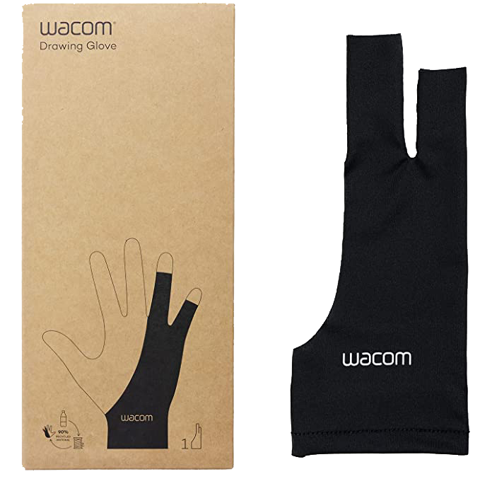 Guante de dibujo Wacom negro y caja. Caja beige, gráfico de mano.