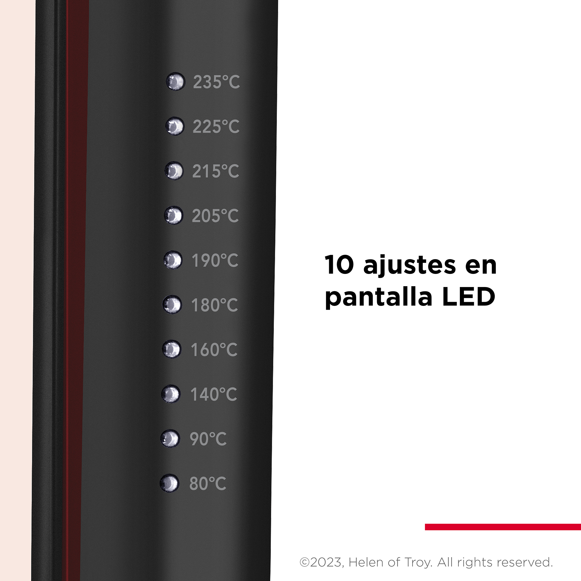 Primer plano de un dispositivo negro con una franja roja y pantalla LED que muestra la temperatura.