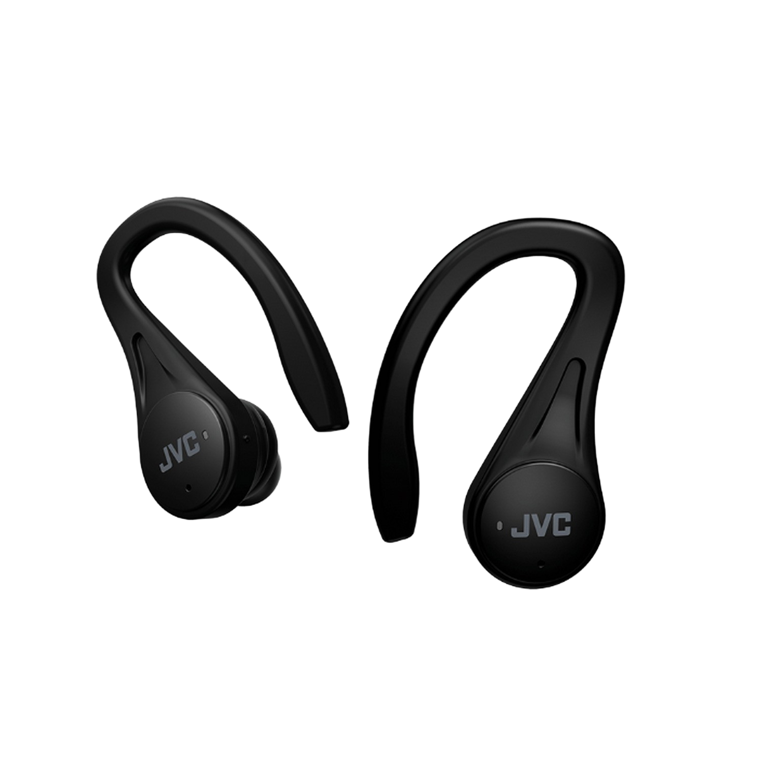 Deux écouteurs JVC noirs, chacun avec un design en forme de crochet, sur fond noir.