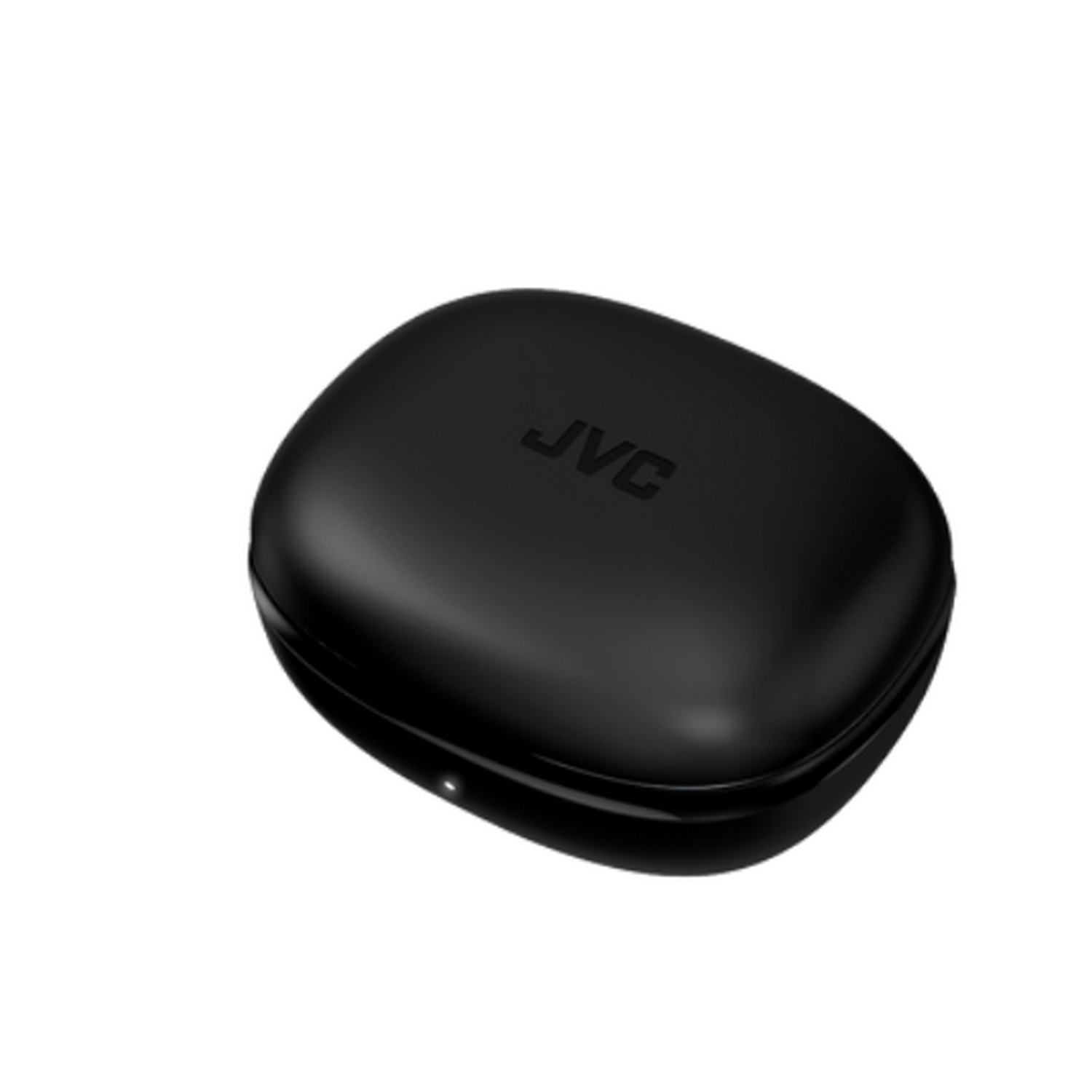 Étui de chargement d'écouteurs sans fil JVC noir, isolé sur fond blanc.