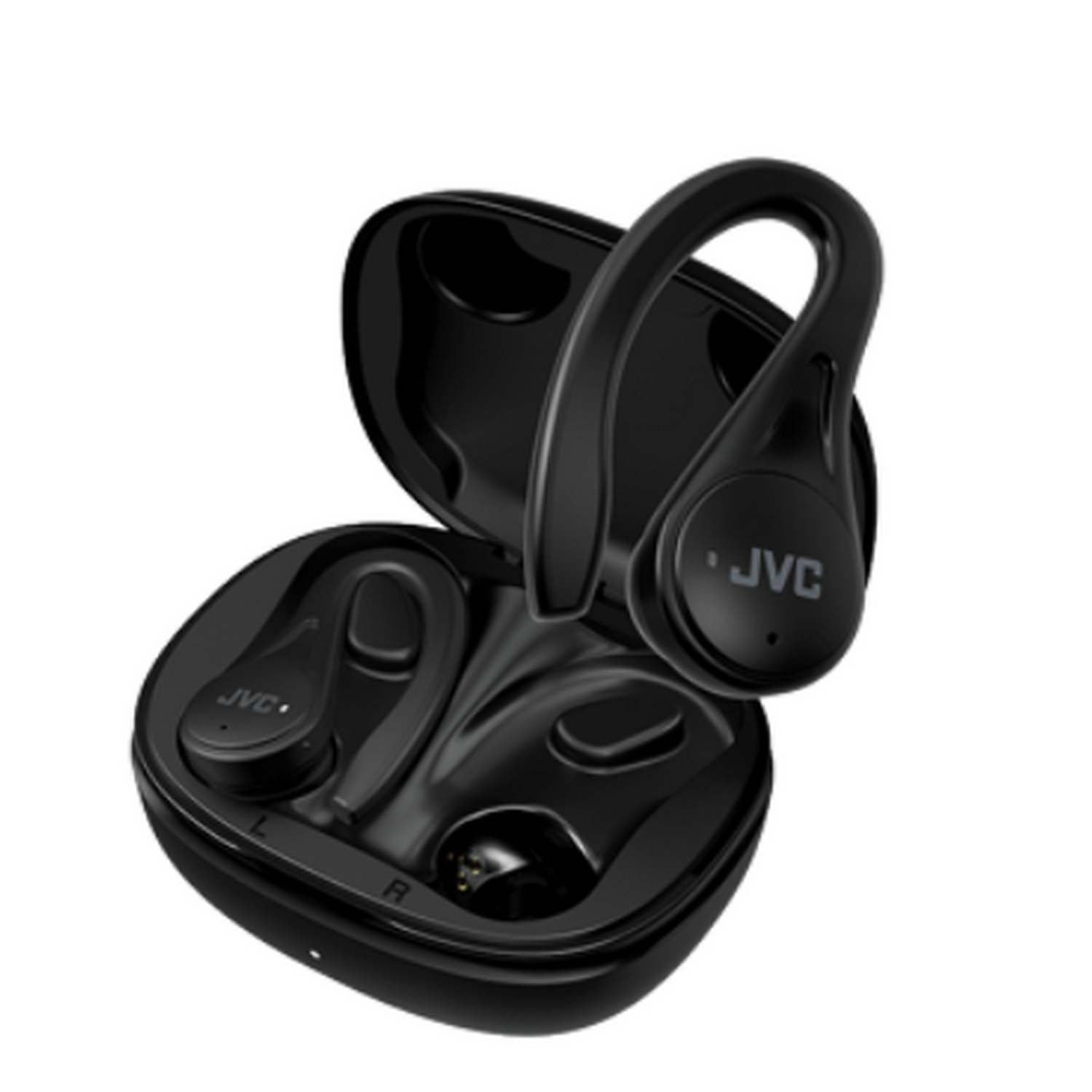 Écouteurs JVC noirs dans un étui de chargement, ouverts, sur fond blanc.