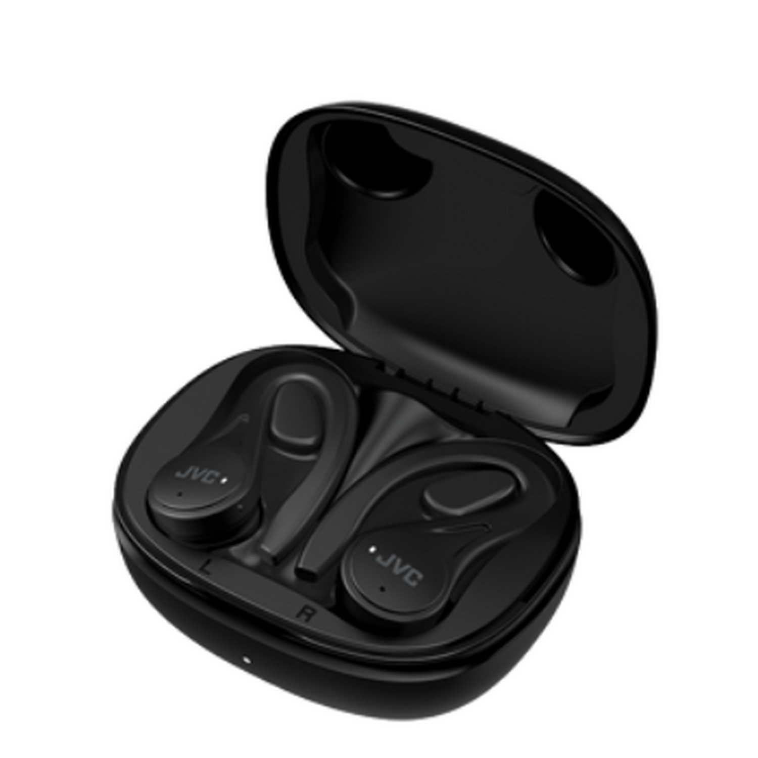 Écouteurs JVC noirs dans un étui noir ouvert. L'étui est sur fond blanc.