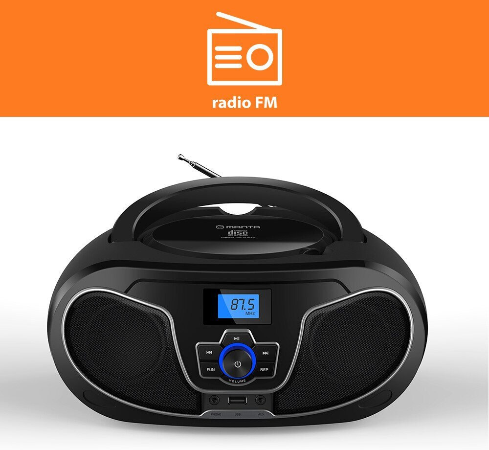 Czarne radio z niebieskim wyświetlaczem i logo radia FM u góry.