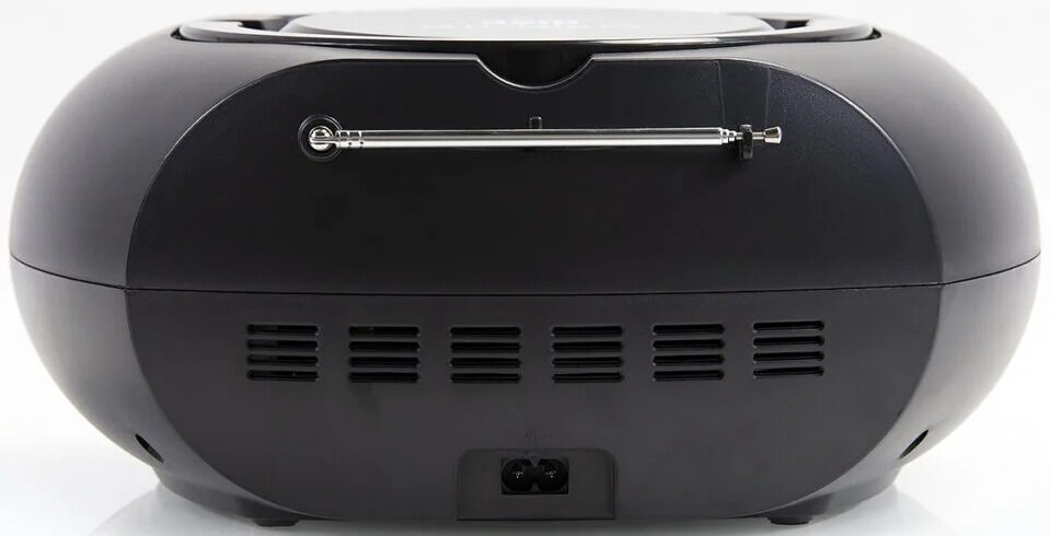 Czarny radioodtwarzacz z anteną i kratkami głośnikowymi z tyłu, na białym tle.