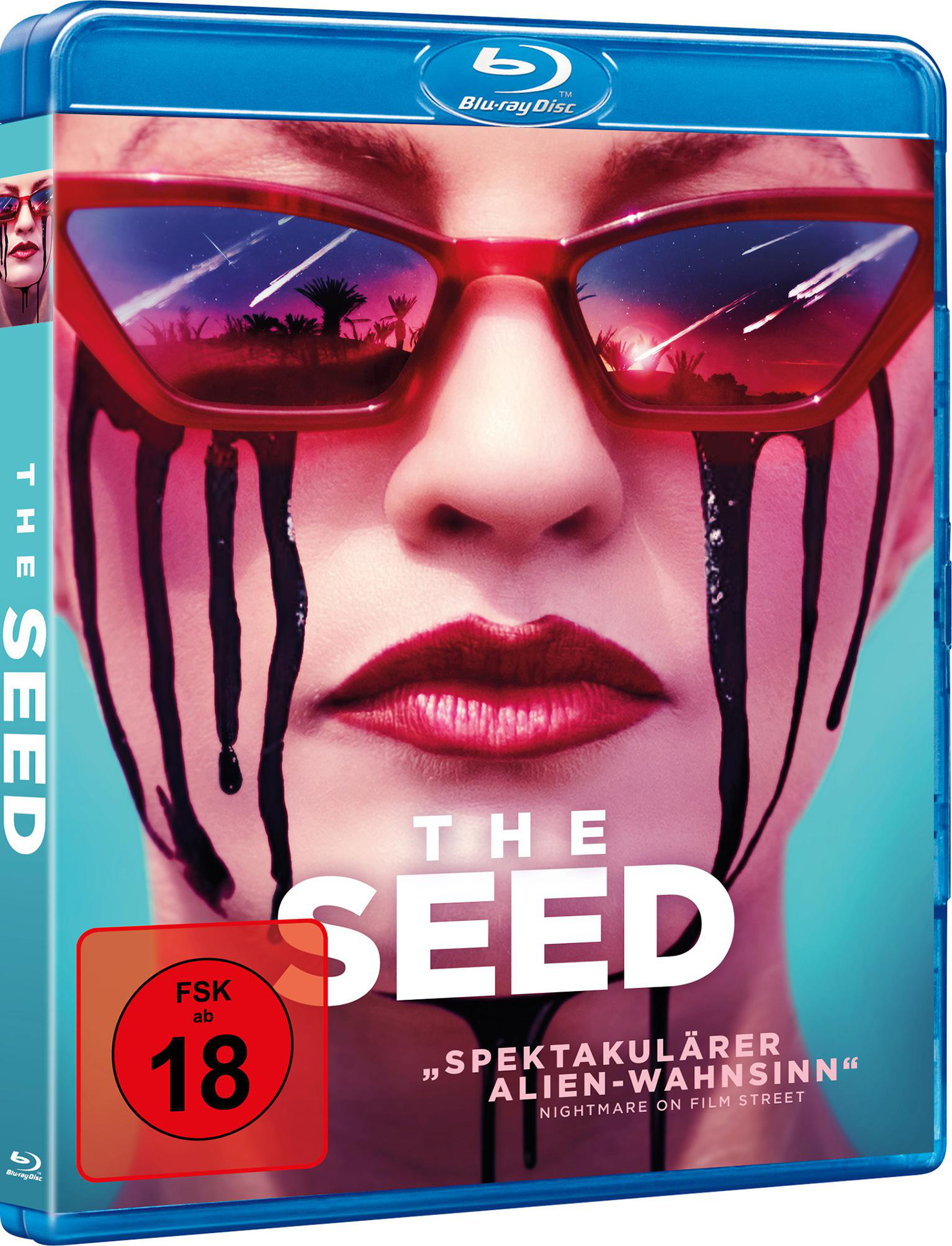 Filmcover mit Frauenkopf, roter Brille und schwarzer Flüssigkeit. Blu-ray Disc.